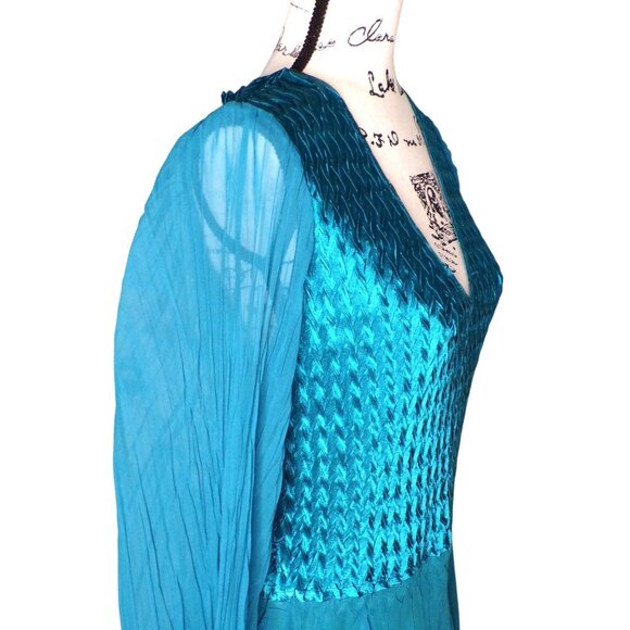 🆕KOMAROV Long Sleeve Crinkle Midi Dress Peacock (Teal Aqua Blue) Large (10-12) - Picture 9 of 12